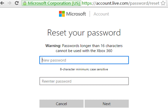 password reset page